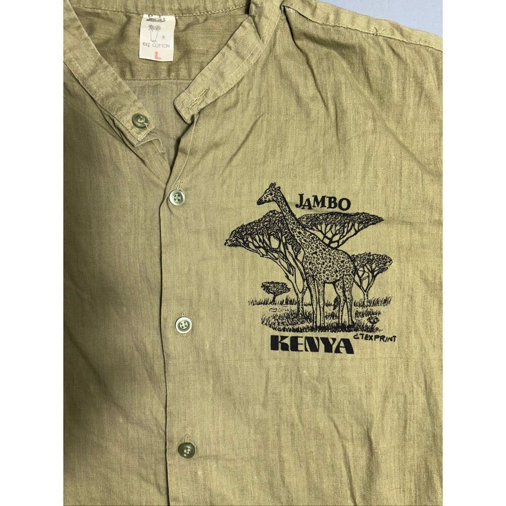 Vintage Jambo Kenya Animal Shirt Safari Green Size Large Button Up Short Sleeve